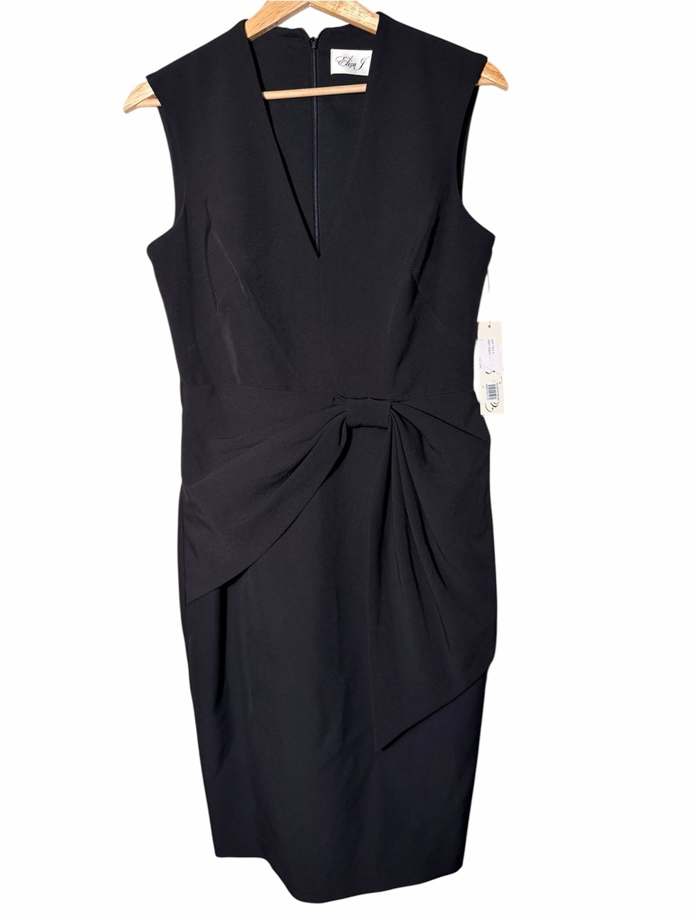 Eliza J Black Sleeveless V-Neck Midi Sheath Dress with Knot Detail